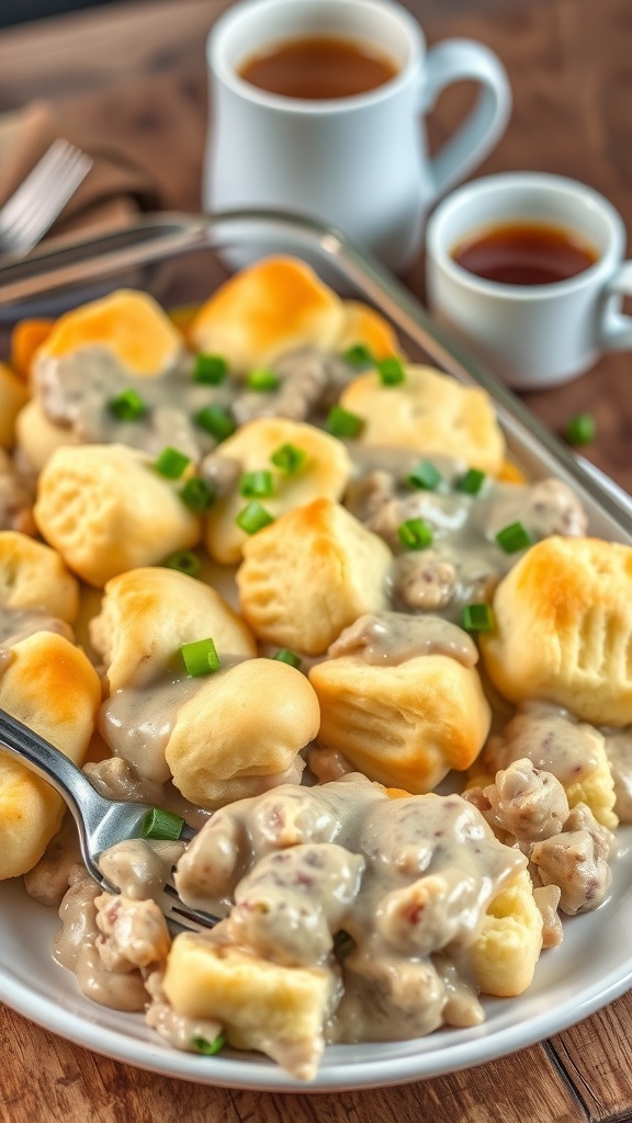A hearty biscuits and gravy casserole with sausage gravy, garnished with green onions, served in a cozy kitchen setting.